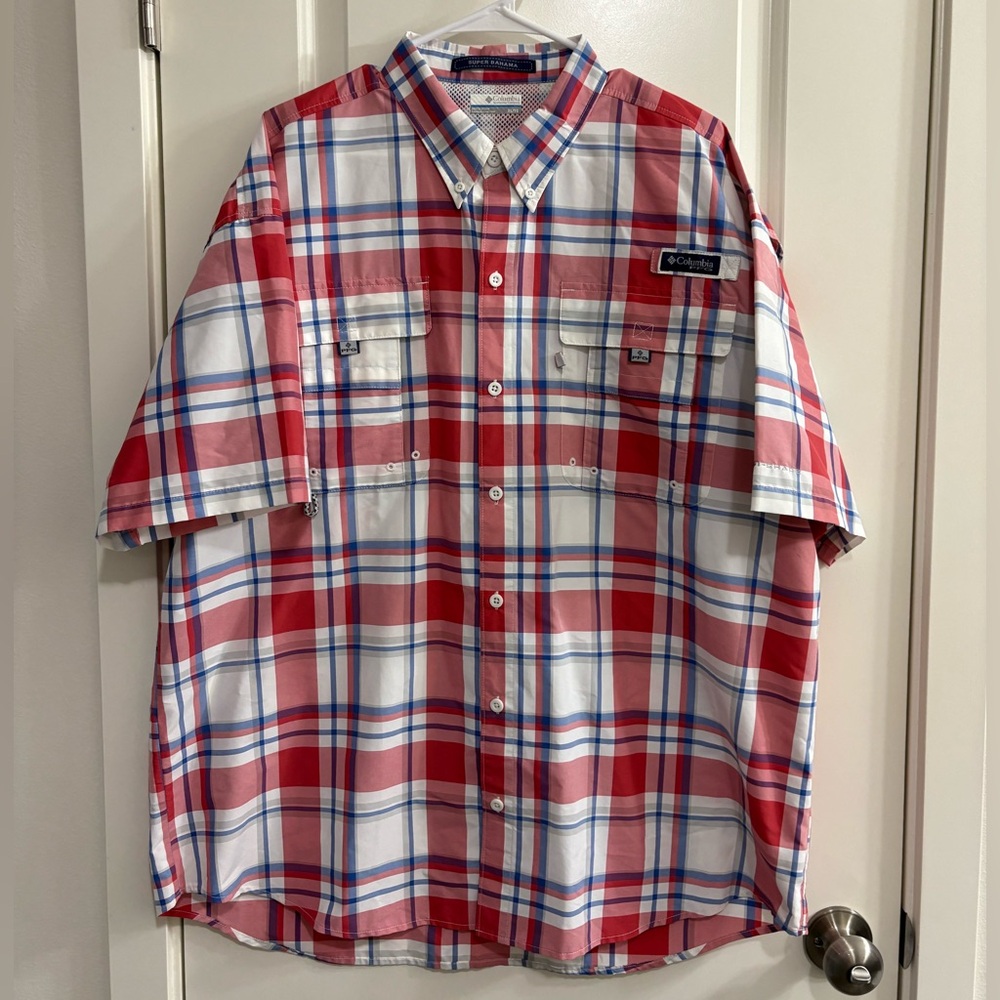 Columbia PGF Super Bahama Omni Shade Men's Red and Blue Plaid Button Down Shirt